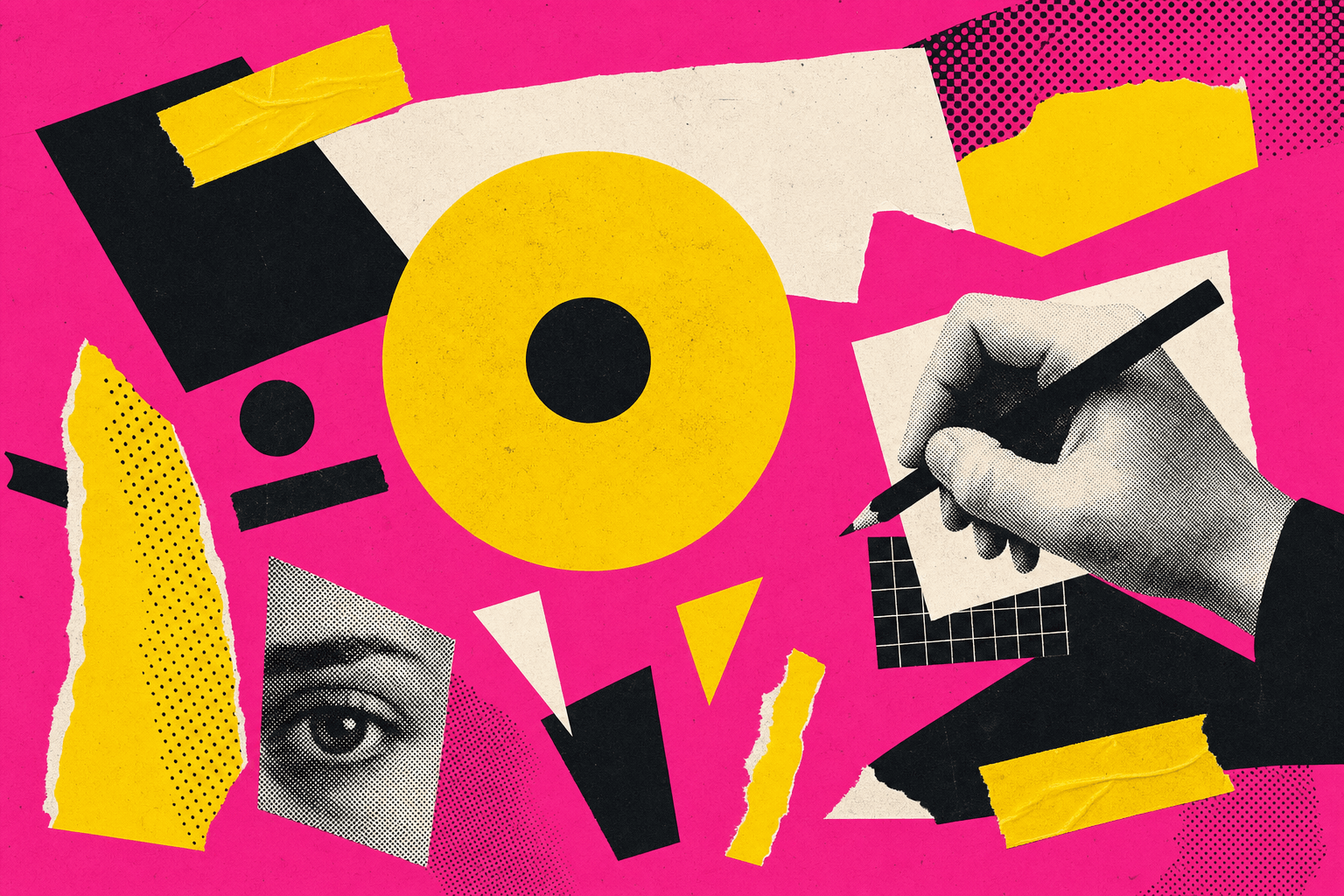 Collage graphisme FL0W : formes découpées, main au crayon, papier déchiré — le studio graphique à Tahiti