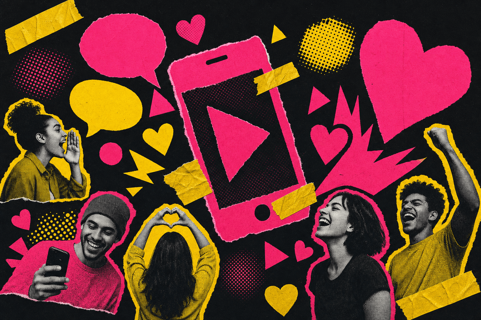 Collage réseaux sociaux FL0W : cœurs, bulles, vidéo — la gestion des réseaux sociaux à Tahiti